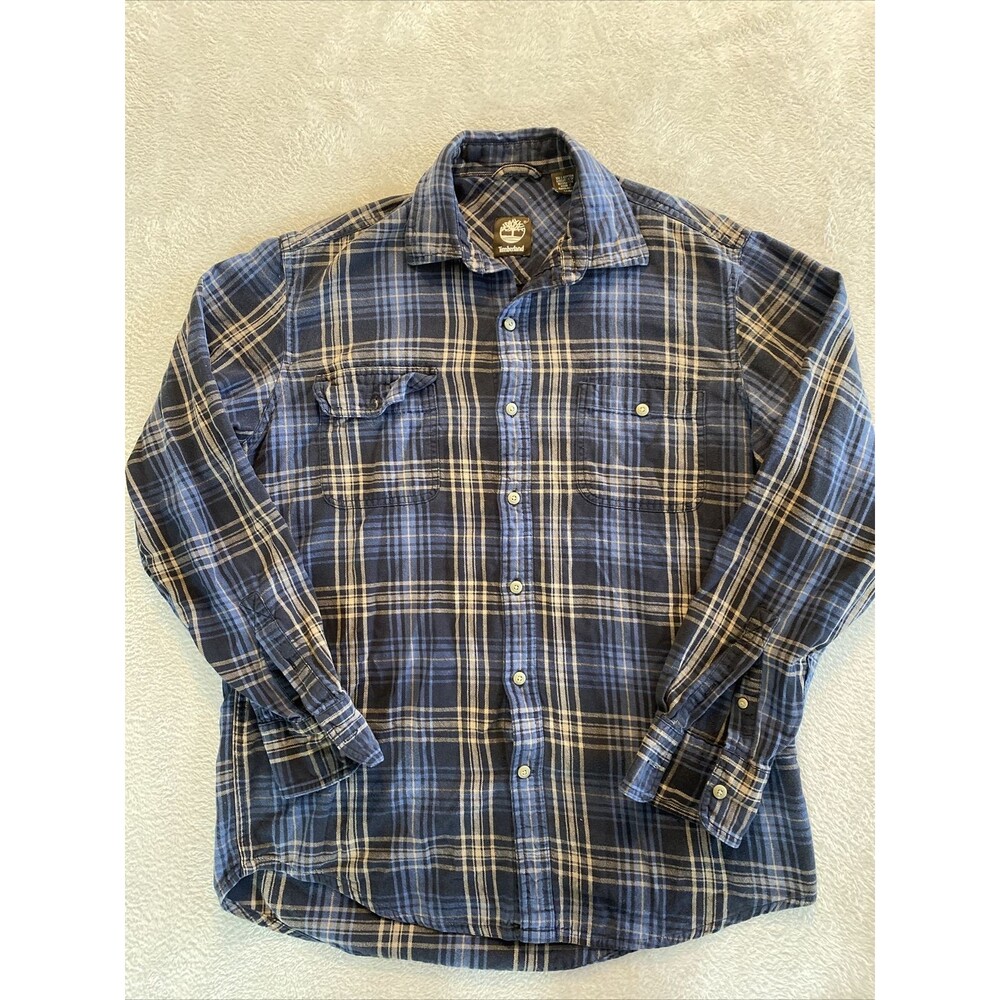 Timberland Flannel Shirt Men's Medium Long Sleeve Blue Plaid Button Shirt